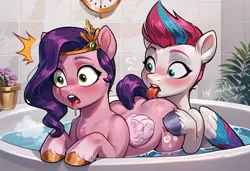 Size: 1600x1095 | Tagged: suggestive, ai content, anonymous prompter, derpibooru import, machine learning generated, stable diffusion, pipp petals, zipp storm, pegasus, pony, g5, bath, bathtub, blushing, butt licking, drool, duo, duo female, female, frown, generator:pony diffusion v6 xl, image, incest, indoors, jpeg, lesbian, licking, mare, royal sisters (g5), ship:petalstorm, shipping, siblings, sisters, steam, surprised, tongue out, wet, wide eyes