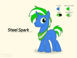 Size: 2000x1500 | Tagged: safe, artist:greenhoof, derpibooru import, oc, oc:steel spark, pony, unicorn, bandana, horn, image, jpeg, male, reference sheet, solo, stallion, two toned mane