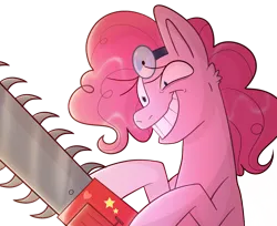 Size: 1280x1042 | Tagged: safe, artist:aphrogaia, derpibooru import, pinkie pie, earth pony, pony, cupcakes hd, fanfic:cupcakes, chainsaw, evil grin, female, grin, image, insanity, mare, pinkamena diane pie, png, simple background, smiling, solo, sticker, transparent background