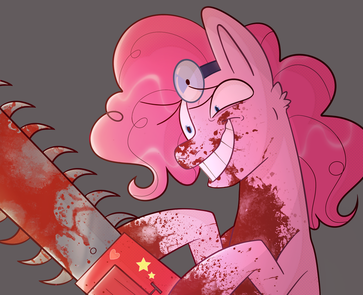 Size: 2747x2235 | Tagged: grimdark, alternate version, artist:aphrogaia, derpibooru import, pinkie pie, earth pony, pony, cupcakes hd, fanfic:cupcakes, blood, chainsaw, evil grin, female, gray background, grin, image, insanity, mare, pinkamena diane pie, png, simple background, smiling, solo, sticker