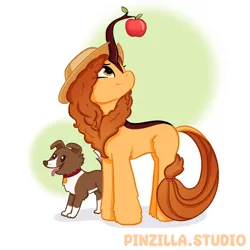 Size: 640x640 | Tagged: safe, artist:pinzillastudio, derpibooru import, winona, oc, unofficial characters only, dog, kirin, pony, apple, applejack's hat, collar, cowboy hat, duo, duo female, female, food, fusion, fusion:applejack, fusion:autumn blaze, fusion:autumnjack, g4, hairband, hat, image, kirin oc, looking up, png, simple background, smiling, tongue out, white background