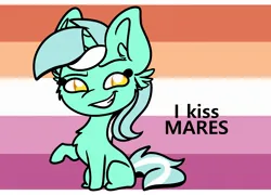 Size: 2589x1866 | Tagged: safe, artist:littleblackraencloud, derpibooru import, lyra heartstrings, pony, unicorn, chibi, colored pupils, commission, dreamworks face, female, flag background, g4, grin, horn, image, jpeg, lesbian, lesbian pride flag, missing cutie mark, pride, pride flag, raised hoof, sitting, smiling, ych example, your character here