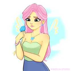 Size: 640x640 | Tagged: safe, artist:pinzillastudio, derpibooru import, fluttershy, bird, butterfly, human, insect, blushing, bracelet, braid, clothes, cloud, dress, ear piercing, earring, eyeshadow, female, g4, humanized, image, jewelry, makeup, necklace, piercing, png, pony coloring, simple background, sky, solo, white background, wings