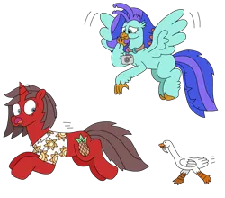 Size: 2708x2380 | Tagged: safe, artist:supahdonarudo, derpibooru import, oc, oc:ironyoshi, oc:sea lilly, unofficial characters only, bird, classical hippogriff, goose, hippogriff, unicorn, atg 2024, camera, clothes, flying, horn, image, jewelry, knife, necklace, newbie artist training grounds, png, pun, running, shirt, simple background, stifling laughter, transparent background