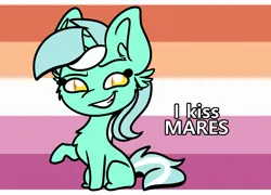 Size: 2589x1866 | Tagged: safe, artist:littleblackraencloud, derpibooru import, lyra heartstrings, pony, unicorn, chibi, colored pupils, commission, dreamworks face, female, flag background, g4, grin, horn, image, jpeg, lesbian, lesbian pride flag, missing cutie mark, pride, pride flag, raised hoof, sitting, smiling, ych example, your character here