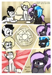 Size: 1400x2000 | Tagged: safe, artist:vipy, derpibooru import, part of a set, oc, oc:nightwalker, oc:nimbus, oc:vipy, oc:whiteout, bat pony, earth pony, pegasus, pony, comic:dare after dare, bottle, comic, image, part of a series, png, simple background, sitting, spin the bottle