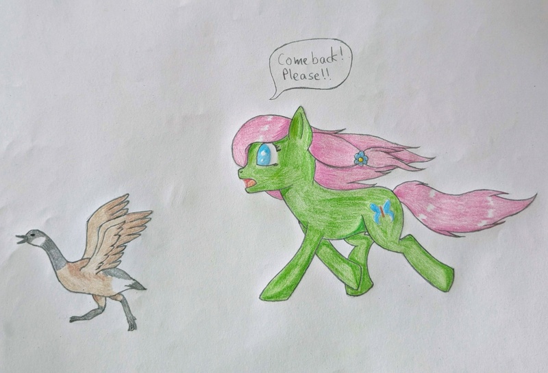 Size: 3328x2268 | Tagged: safe, artist:seiratempest, derpibooru import, oc, oc:butterfly harmony, bird, butterfly, earth pony, goose, insect, pony, atg 2024, blue eyes, colored pencils, drawing, image, jpeg, newbie artist training grounds, pink mane, traditional art