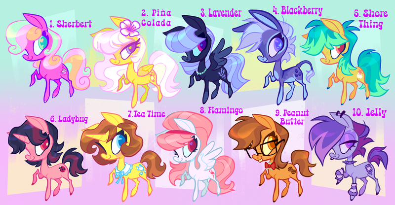 Size: 4432x2302 | Tagged: safe, artist:janegumball, derpibooru import, oc, oc:blackberry, oc:flamingo, oc:jelly, oc:ladybug, oc:lavender, oc:peanut butter, oc:piña colada, oc:sherbert, oc:shore thing, oc:tea time, unofficial characters only, donkey, earth pony, pegasus, pony, unicorn, adoptable, ambiguous gender, bangs, beehive hairdo, big ears, big eyes, big glasses, blaze (coat marking), blue coat, blue eyes, blue eyeshadow, blue hooves, blue mane, blue sclera, blue tail, bobcut, brown mane, brown tail, bucktooth, choker, clothes, coat markings, colored belly, colored hooves, colored muzzle, colored pinnae, colored sclera, colored wings, colored wingtips, curly mane, curly tail, donkey oc, ear piercing, earring, earth pony oc, eyelashes, eyeshadow, facial markings, flower, flower on ear, folded wings, for sale, freckles, glasses, gradient background, group, headband, heart, heart eyes, high res, horn, image, jewelry, leg warmers, leonine tail, lidded eyes, long mane, long tail, looking back, makeup, multicolored mane, multicolored tail, neck bow, neckerchief, necklace, nose piercing, orange coat, orange eyes, pale belly, passepartout, pearl necklace, pegasus oc, piercing, pink coat, pink eyes, pink hooves, pink mane, pink tail, png, profile, purple coat, purple eyes, purple eyeshadow, purple hooves, purple mane, purple tail, raised hoof, red bow, red neckwear, septum piercing, shawl, shiny mane, shiny tail, short hair, short tail, smiling, socks (coat marking), sparkly eyes, spiked choker, spiky mane, spiky tail, spread wings, square glasses, standing, straight mane, straight tail, striped leg warmers, tail, tall ears, thin legs, three toned mane, three toned tail, tri-color mane, tri-colored mane, tricolored mane, tricolored tail, two toned eyes, two toned mane, two toned wings, unicorn horn, unicorn oc, wall of tags, wavy mane, wavy tail, white coat, wingding eyes, wings, wolf cut, yellow coat, yellow eyes