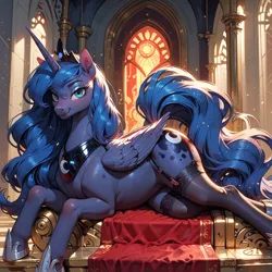 Size: 1024x1024 | Tagged: suggestive, ai content, derpibooru import, machine learning generated, prompter:rndhallucination, stable diffusion, princess luna, alicorn, pony, clothes, female, folded wings, g4, garter belt, generator:pony diffusion v6 xl, image, looking at you, lying, mare, png, smiling, socks, solo, solo female, stockings, thigh highs, wings