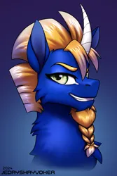 Size: 2000x3000 | Tagged: safe, artist:jedayskayvoker, derpibooru import, oc, oc:tequila azide, pony, unicorn, beard, bust, cheek fluff, chest fluff, curved horn, evil grin, facial hair, fluffy, gradient background, grin, horn, icon, image, looking at you, male, png, portrait, smiling, solo, stallion, subscribestar reward, thick eyebrows, unicorn oc