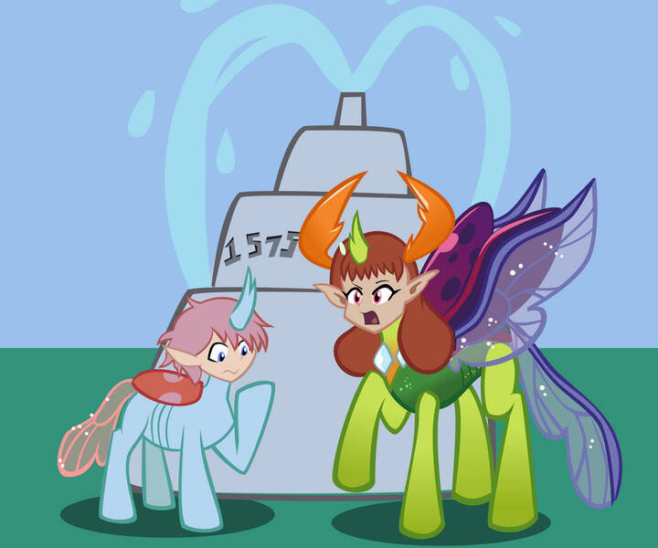 Size: 979x816 | Tagged: safe, artist:magerblutooth, derpibooru import, ocellus, thorax, changedling, changeling, human, original species, commission, confused, duo, duo male and female, female, female to male, fountain, g4, head swap, human head, human head changeling, humanized, image, jpeg, king thorax, male, male to female, mesosoma, open mouth, queen mesosoma, raised hoof, rule 63, tarsus, transformation, transgender transformation