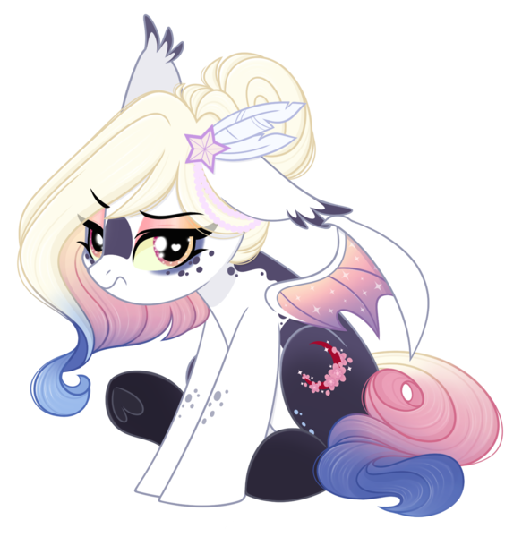 Size: 1619x1665 | Tagged: safe, artist:emberslament, derpibooru import, oc, oc:midnight rouge, unofficial characters only, bat pony, pony, bat pony oc, bat wings, cute, eyeliner, eyeshadow, feather, feather in hair, female, freckles, gradient mane, grumpy, hair bun, image, makeup, mare, mottled coat, png, simple background, sitting, transparent background, underhoof, wings