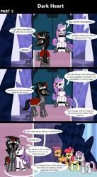 Size: 1920x3516 | Tagged: safe, artist:platinumdrop, derpibooru import, apple bloom, king sombra, princess flurry heart, scootaloo, sweetie belle, alicorn, earth pony, pegasus, pony, unicorn, comic:dark heart, 3 panel comic, abuse, alternate timeline, angry, applebuse, armor, bracelet, chains, collar, comic, commission, crystal, crystal castle, crystal empire, cutie mark crusaders, dark crystal, dialogue, evil flurry heart, female, flurry heart is amused, folded wings, g4, horn, husband and wife, image, indoors, looking at each other, looking at someone, male, mare, nervous, nuzzling, older, older apple bloom, older cmc, older flurry heart, older scootaloo, older sweetie belle, png, scootabuse, ship:flurrybra, shipping, sitting, slave, slave collar, smiling, smug, smug smile, speech bubble, spiked collar, spiked wristband, stallion, straight, surprised, sweetiebuse, throne, throne room, up to no good, victorious villain, walking, wall of tags, wings, wristband