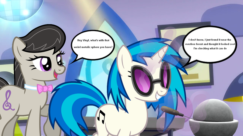 Size: 1280x720 | Tagged: safe, artist:epicheavytf2, artist:pyrogaming, derpibooru import, octavia melody, vinyl scratch, earth pony, pony, unicorn, slice of life (episode), absolutenutcase162, bowtie, demon core, duo, duo female, female, g4, glasses, horn, image, imminent death, magic, magic aura, mare, meme, png, raised hoof, record, screwdriver, shitposting, smiling, speech bubble, talking, telekinesis, text, this will end in death, this will end in tears, this will end in tears and/or death, unaware