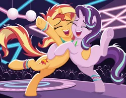 Size: 1728x1344 | Tagged: safe, ai content, derpibooru import, generator:bluefox mix, machine learning generated, stable diffusion, starlight glimmer, sunset shimmer, pony, unicorn, beads, bracelet, cheek to cheek, crowd, cute, dancing, duo, duo female, eyes closed, female, friendshipping, frog (hoof), g4, glimmerbetes, glowstick, horn, hug, image, indoors, jewelry, leaning, leaning on someone, leg bracelet, mare, messy mane, necklace, neon, nightclub, open mouth, open smile, png, prompter:tyto4tme4l, raised leg, shimmerbetes, show accurate, smiling, stage, teeth, underhoof, uvula