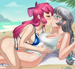 Size: 2109x1920 | Tagged: suggestive, artist:thebrokencog, derpibooru import, apple bloom, silver spoon, human, beach, beach towel, bikini, bow, breasts, busty apple bloom, busty silver spoon, cleavage, clothes, commission, couple, duo, duo female, eyes closed, female, females only, glasses, hair bow, humanized, image, in love, kissing, lesbian, lidded eyes, lying down, older, older apple bloom, older silver spoon, on back, on top, png, romantic, ship:applespoon, shipping, side view, sideboob, swimsuit, towel