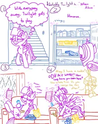 Size: 4779x6013 | Tagged: safe, artist:adorkabletwilightandfriends, derpibooru import, moondancer, twilight sparkle, twilight sparkle (alicorn), alicorn, comic:adorkable twilight and friends, adorkable, adorkable twilight, book, chips, chocolate, comic, couch, curtains, cute, dork, eating, feather, food, image, indulgence, kitchen, magic, oats, pantry, png, rain, reading, relaxed, relaxed face, relaxing, rice, shocked, shocked expression, sitting, slice of life, snacks, sneaking, sneaky, spooked, staircase, stairs, surprised, surprised face, wings