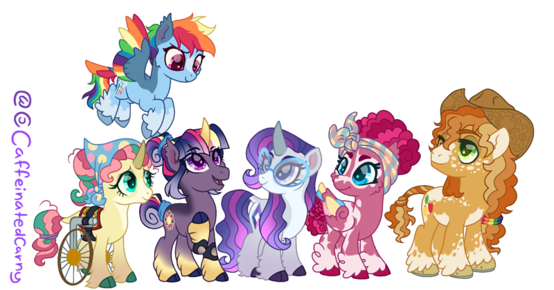 Size: 1250x655 | Tagged: safe, artist:caffeinatedcarny, derpibooru import, applejack, fluttershy, pinkie pie, rainbow dash, rarity, twilight sparkle, earth pony, pegasus, pony, unicorn, adhd, afro mane, alternate design, applejack's hat, arthritis, autism, bandana, blanket, braid, braided tail, cheek fluff, chubby, cloven hooves, coat markings, colored hooves, colored wings, compression sleeves, countershading, cowboy hat, curved horn, disabled, down syndrome, ear fluff, facial markings, feathered fetlocks, freckles, g4, glasses, gradient hooves, gradient horn, gradient mane, group photo, hair bun, hair tie, hair wrap, hat, headcanon, heterochromia, horn, horseshoes, image, leonine tail, lgbt, lgbt headcanon, lgbtq, mane six, mealy mouth (coat marking), pegasus pinkie pie, png, race swap, redesign, short hair, simple background, socks (coat marking), species swap, tail, transgender, transparent background, twitterina design, unicorn fluttershy, unicorn twilight, unshorn fetlocks, updo, vitiligo, wall of tags, wheelchair, wings