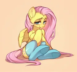 Size: 2048x1918 | Tagged: safe, artist:minekoo2, derpibooru import, fluttershy, pegasus, pony, clothes, female, high res, image, jpeg, lidded eyes, mare, simple background, sitting, socks, solo