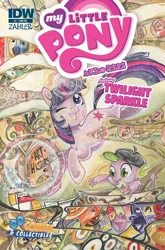 Size: 1054x1600 | Tagged: safe, artist:sara richard, derpibooru import, idw, spike, twilight sparkle, dragon, pony, unicorn, abstract art, book, comic cover, cover, cover art, duo, duo male and female, female, g4, horn, image, jpeg, levitation, magic, male, mare, micro-series #1, modern art, my little pony logo, my little pony micro-series, open mouth, open smile, smiling, tail, telekinesis, unicorn twilight, variant cover
