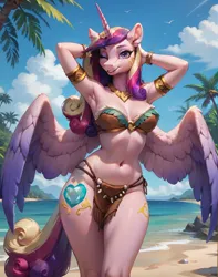 Size: 1616x2048 | Tagged: suggestive, ai content, anonymous prompter, derpibooru import, machine learning generated, stable diffusion, princess cadance, anthro, beach, belly button, clothes, generator:pony diffusion v6 xl, image, looking at you, png, shirt, smiling, smiling at you, tribal