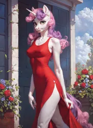 Size: 1024x1408 | Tagged: suggestive, ai content, derpibooru import, machine learning generated, prompter:star-dragon, stable diffusion, sweetie belle, anthro, unicorn, breasts, busty sweetie belle, clothes, erect nipples, female, g4, generator:pony diffusion v6 xl, horn, image, nipple outline, no underwear, png, red dress, side slit, solo, tight clothing