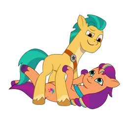 Size: 1554x1467 | Tagged: safe, artist:arkogon, derpibooru import, hitch trailblazer, sunny starscout, earth pony, pony, g5, my little pony: tell your tale, duo, duo male and female, female, image, looking at each other, looking at someone, lying down, male, mare, on back, pinned, png, ship:starblazer, shipping, smiling, smiling at each other, stallion, straight