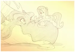 Size: 1789x1244 | Tagged: safe, artist:sherwoodwhisper, derpibooru import, fluttershy, dragon, pegasus, pony, cup, female, food, image, jpeg, male, mare, monochrome, size difference, tea, teacup, teapot