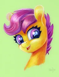 Size: 768x1000 | Tagged: safe, artist:maytee, derpibooru import, part of a set, scootaloo, pegasus, pony, bust, commission, g4, green background, image, png, portrait, simple background, smiling, toned paper