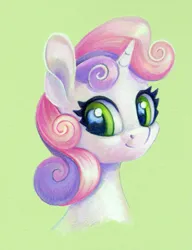 Size: 691x900 | Tagged: safe, artist:maytee, derpibooru import, part of a set, sweetie belle, pony, unicorn, bust, commission, g4, green background, horn, image, png, portrait, simple background, smiling, toned paper