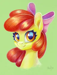 Size: 691x900 | Tagged: safe, artist:maytee, derpibooru import, part of a set, apple bloom, earth pony, pony, bust, commission, g4, green background, image, png, portrait, simple background, smiling, toned paper