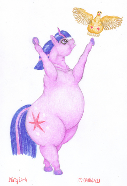 Size: 1200x1762 | Tagged: safe, artist:soobel, derpibooru import, twilight sparkle, bird, goose, pony, unicorn, atg 2024, fat, female, g4, horn, image, jpeg, newbie artist training grounds, obese, traditional art, twilard sparkle, unicorn twilight