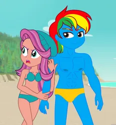 Size: 1871x2027 | Tagged: safe, artist:alexisburns1790, derpibooru import, sunny starscout, oc, oc:shield wing, equestria girls, g5, abs, beach, beanie, bikini, boxers, bra, clothes, female, g4, g5 to g4, generation leap, hat, image, jpeg, male, swimsuit, underwear