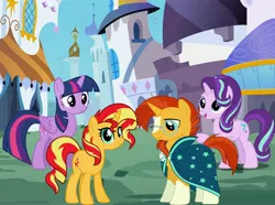 Size: 3986x2966 | Tagged: safe, artist:awesomegamedude10, derpibooru import, starlight glimmer, sunburst, sunset shimmer, twilight sparkle, alicorn, unicorn, brother and sister, canterlot, female, horn, image, jpeg, male, siblings, sunny siblings