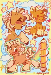 Size: 2240x3264 | Tagged: oc name needed, safe, artist:applepums, derpibooru import, part of a set, oc, unofficial characters only, earth pony, pony, abstract background, blushing, brown coat, brown hooves, cloud, coat markings, colored eartips, colored hooves, colored pinnae, commission, dot eyes, earth pony oc, eyes closed, floating heart, heart, image, jpeg, laughing, looking back, mouth hold, open mouth, open smile, orange coat, pencil, pencil in mouth, raised hoof, raised leg, shiny mane, short mane, short tail, sitting, sketch page, smiling, socks (coat marking), solo, sparkles, stars, tail, teeth, tongue out, triality, two toned mane, two toned tail, unshorn fetlocks, walking