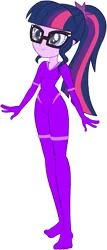 Size: 653x1526 | Tagged: safe, artist:invisibleink, artist:tylerajohnson352, derpibooru import, sci-twi, twilight sparkle, human, equestria girls, bodysuit, clothes, cyberspace, digitized, digitized body, g4, glasses, glowing body, image, png, ponytail, purple, simple background, solo, transparent background