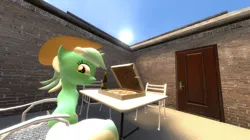 Size: 1080x606 | Tagged: safe, artist:ports2005, derpibooru import, lyra heartstrings, pony, 3d, chair, food, gmod, happy, hat, image, jpeg, looking at you, pizza, sky, summer, sun, table