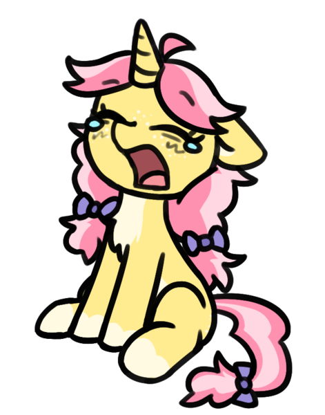 Size: 664x845 | Tagged: safe, artist:rivibaes, derpibooru import, oc, oc:crafty circles, unofficial characters only, pony, unicorn, bow, chest fluff, coat markings, colored belly, cute, female, filly, floppy ears, foal, freckles, hair bow, horn, image, not kettle corn, open mouth, png, sitting, socks (coat marking), solo, tail, tail bow, teary eyes, tired, yawn