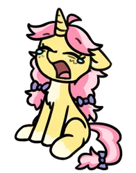 Size: 664x845 | Tagged: safe, artist:rivibaes, derpibooru import, oc, oc:crafty circles, unofficial characters only, pony, unicorn, bow, chest fluff, coat markings, colored belly, cute, female, filly, floppy ears, foal, freckles, hair bow, horn, image, not kettle corn, open mouth, png, sitting, socks (coat marking), solo, tail, tail bow, teary eyes, tired, yawn