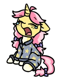 Size: 664x845 | Tagged: safe, artist:rivibaes, derpibooru import, oc, oc:crafty circles, unofficial characters only, pony, unicorn, bow, clothes, coat markings, colored belly, cute, female, filly, floppy ears, foal, freckles, hair bow, horn, image, not kettle corn, open mouth, pajamas, png, sitting, socks (coat marking), solo, stars, tail, tail bow, teary eyes, tired, yawn