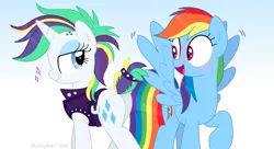 Size: 1480x806 | Tagged: safe, artist:lullapiies, derpibooru import, rainbow dash, rarity, pegasus, pony, unicorn, alternate hairstyle, blushing, butt, duo, female, horn, image, lesbian, plot, png, punk, raripunk, ship:raridash, shipping, spread wings, wingboner, wings