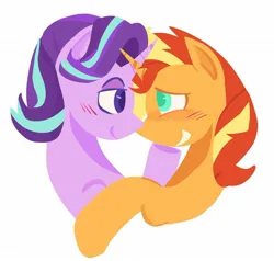 Size: 1456x1385 | Tagged: safe, artist:startrixfan, derpibooru import, starlight glimmer, sunset shimmer, pony, unicorn, blushing, cute, duo, female, g4, horn, image, jpeg, lesbian, looking at each other, looking at someone, ship:shimmerglimmer, shipping, simple background