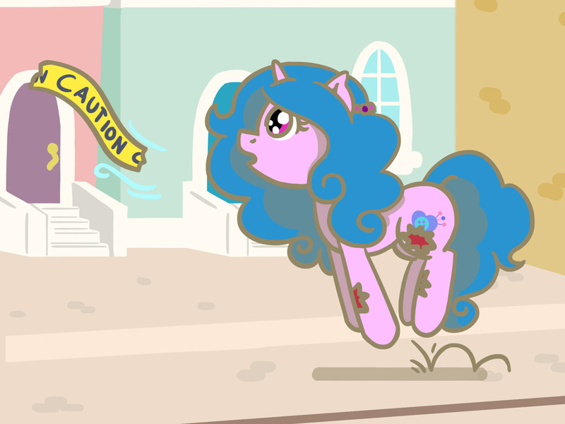 Size: 1800x1350 | Tagged: safe, artist:flutterluv, derpibooru import, part of a set, izzy moonbow, pony, undead, unicorn, zombie, zombie pony, g5, atg 2024, caution tape, horn, image, jpeg, newbie artist training grounds, part of a series, pronking, solo