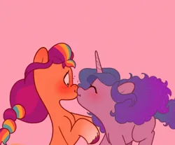 Size: 3000x2480 | Tagged: safe, artist:starburstuwu, derpibooru import, izzy moonbow, sunny starscout, earth pony, pony, unicorn, g5, blushing, duo, duo female, eyes closed, female, high res, horn, image, jpeg, kiss on the lips, kissing, lesbian, mare, pink background, ship:moonscout, shipping, simple background, surprise kiss