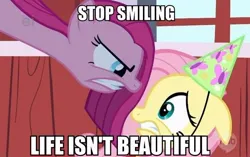 Size: 600x377 | Tagged: safe, derpibooru import, edit, edited screencap, screencap, fluttershy, pinkie pie, earth pony, pegasus, pony, party of one, season 1, 2013, angry, caption, duo, edgy, floppy ears, g4, gritted teeth, hat, hub logo, image, image macro, impact font, jpeg, logo, looking at each other, looking at someone, meme, party hat, pinkamena diane pie, scared, teeth, text, the hub