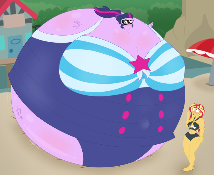 Size: 2640x2160 | Tagged: suggestive, artist:necrofeline, derpibooru import, sci-twi, sunset shimmer, twilight sparkle, human, equestria girls, :o, barefoot, beach, belly, belly button, big belly, bikini, blush lines, blushing, clothes, duo, duo female, emanata, feet, female, g4, glasses, high res, huge belly, hyper, hyper belly, image, immobile, impossibly large belly, inflation, looking back, looking up, one-piece swimsuit, open mouth, outie belly button, png, ponytail, raised hand, round, shocked, shrunken pupils, signature, spherical inflation, sunset shimmer swimsuit, sunset shimmer's beach shorts swimsuit, sweat, sweatdrops, swimsuit, twiblimp sparkle, wavy mouth, wide eyes, worried