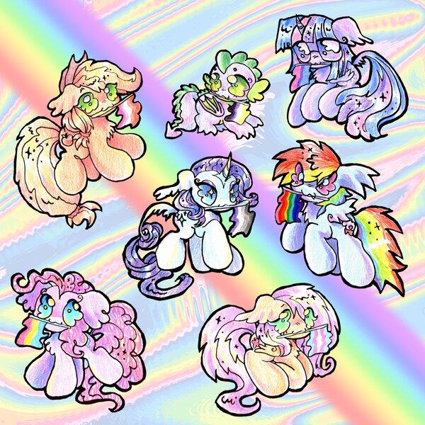 Size: 4000x4000 | Tagged: safe, artist:larvaecandy, derpibooru import, applejack, fluttershy, pinkie pie, rainbow dash, rarity, spike, twilight sparkle, twilight sparkle (alicorn), alicorn, dragon, earth pony, pegasus, pony, unicorn, :3, abstract background, asexual pride flag, beanbrows, big eyes, big hooves, bilight sparkle, bisexual pride flag, blonde mane, blonde tail, blue coat, blue eyes, chest fluff, colored wings, curly mane, curly tail, curved horn, ear fluff, eye clipping through hair, eyebrows, eyelashes, female, floppy ears, folded wings, g4, gay pride flag, glasses, green eyes, holding flag, horn, image, jpeg, lesbian pride flag, looking back, mane six, mare, mixed media, mouth hold, multicolored hair, multicolored mane, multicolored tail, narrowed eyes, nonbinary, nonbinary pride flag, nonbinary spike, orange coat, pansexual pride flag, pink coat, pink eyes, pink mane, pink tail, ponytail, pride, pride flag, pride month, pride ponies, purple coat, purple mane, purple tail, rainbow background, rainbow hair, rainbow tail, raised hoof, ringlets, shiny mane, shiny tail, short horn, small wings, smiling, sparkly mane, sparkly tail, spiky mane, spiky tail, spread wings, standing, straight mane, straight tail, tail, tied mane, tied tail, trans fluttershy, transgender pride flag, two toned wings, unicorn horn, white coat, wingding eyes, winged spike, wings, yellow coat