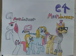 Size: 3525x2604 | Tagged: safe, artist:blackblade360, derpibooru import, moondancer, moondancer (g1), moondancer (g3), earth pony, pony, unicorn, g1, g3, blue coat, clothes, coat, colored pencil drawing, drawing, evolution, g4, generation leap, glasses, horn, image, jpeg, paper, tail, tan coat, traditional art, two toned mane, two toned tail, white coat