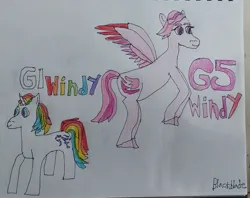 Size: 3290x2604 | Tagged: safe, artist:blackblade360, derpibooru import, windy (g1), pegasus, pony, unicorn, g1, g5, colored pencil drawing, colored wings, evolution, female, flying, horn, image, irl, jpeg, mare, multicolored hair, paper, photo, rainbow hair, rainbow ponies, raised leg, signature, smiling, tail, traditional art, two toned mane, two toned tail, two toned wings, unshorn fetlocks, windy, wings