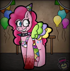 Size: 828x839 | Tagged: safe, artist:fizzythecart2nmaniac, derpibooru import, pinkie pie, earth pony, fanfic:cupcakes, balloon, birthday party, creepy, creepy smile, female, food, g4, hat, image, jpeg, party, party hat, smiling, solo